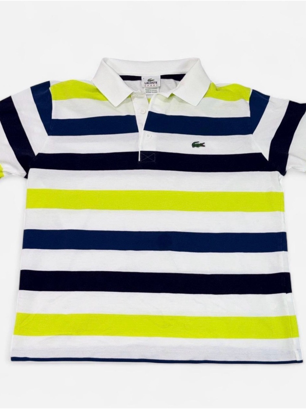 Lacoste Sport Navy Blue White Lime Stripe Polo Shirt Size 5 Fits Medium